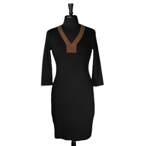 Ralph Lauren Women Dress Black Brown Faux Suede V-Neck 3/4 Sleeve Knit Sheath PS